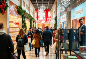 A vibrant holiday shopping scene in Dallas with shoppers and festive decorations.