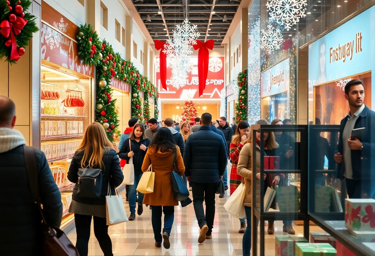 A vibrant holiday shopping scene in Dallas with shoppers and festive decorations.