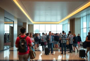 Crowded hotel lobby in Dallas filled with soccer fans