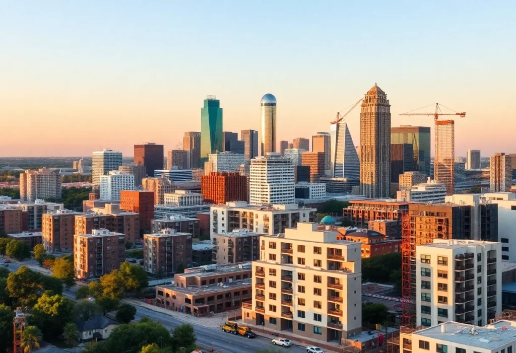 Dallas skyline with construction sites representing housing growth