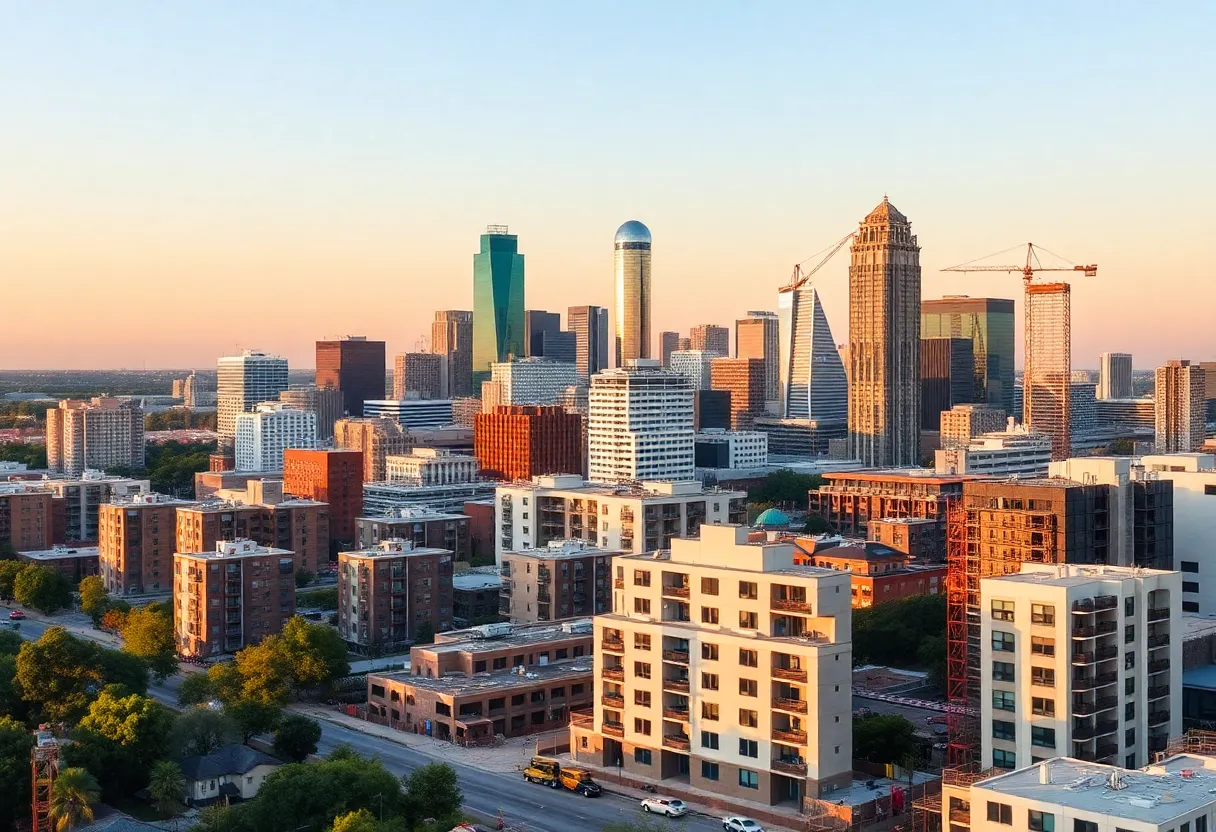 Dallas skyline with construction sites representing housing growth