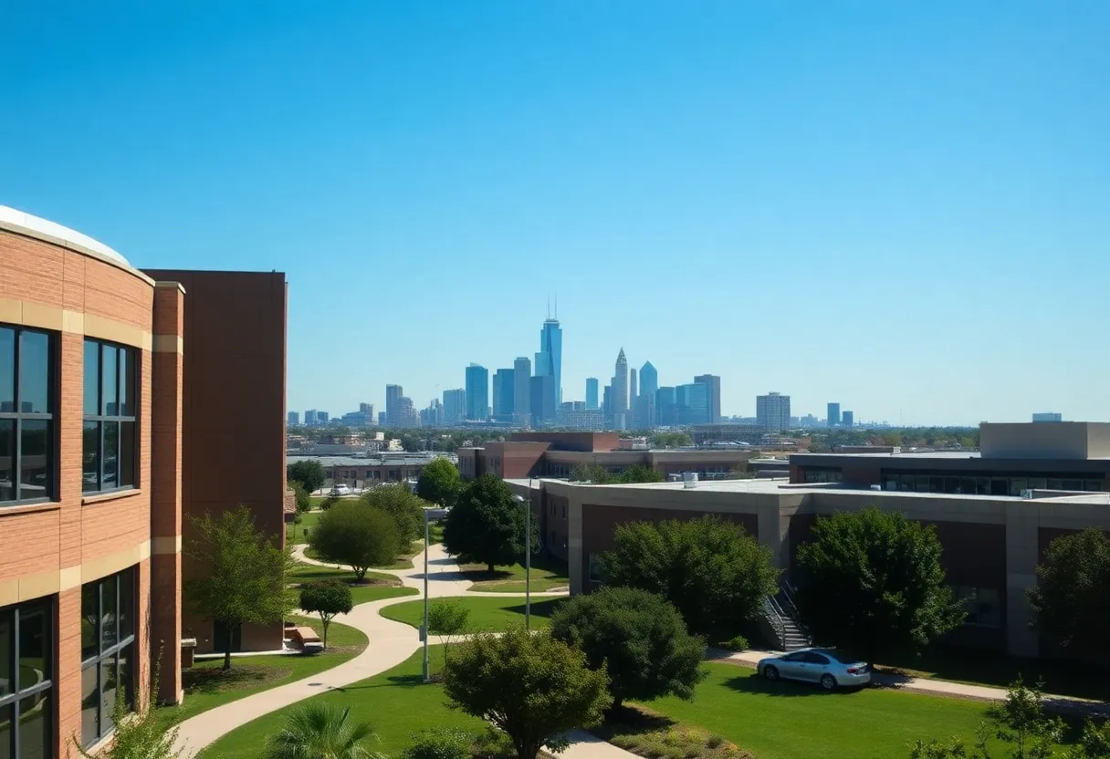 Dallas Independent School District headquarters with city skyline