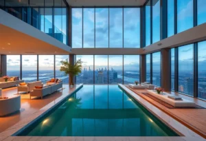 Interior of a luxury penthouse with modern design and city views