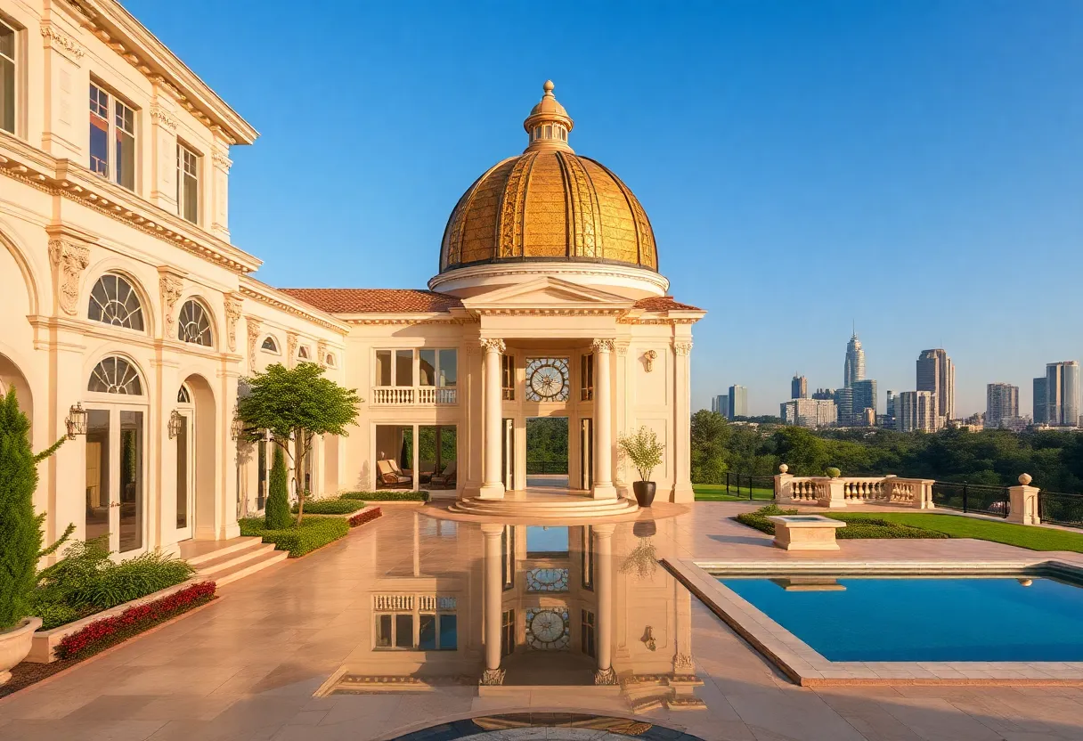 Exterior view of a luxurious Dallas mansion featuring a gold dome and swimming pool.