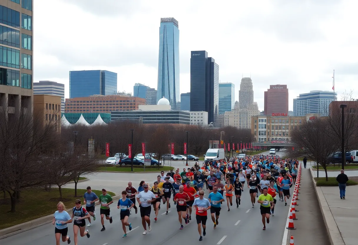 Runners participating in the Dallas Marathon with cloudy skies overhead and cooler temperatures