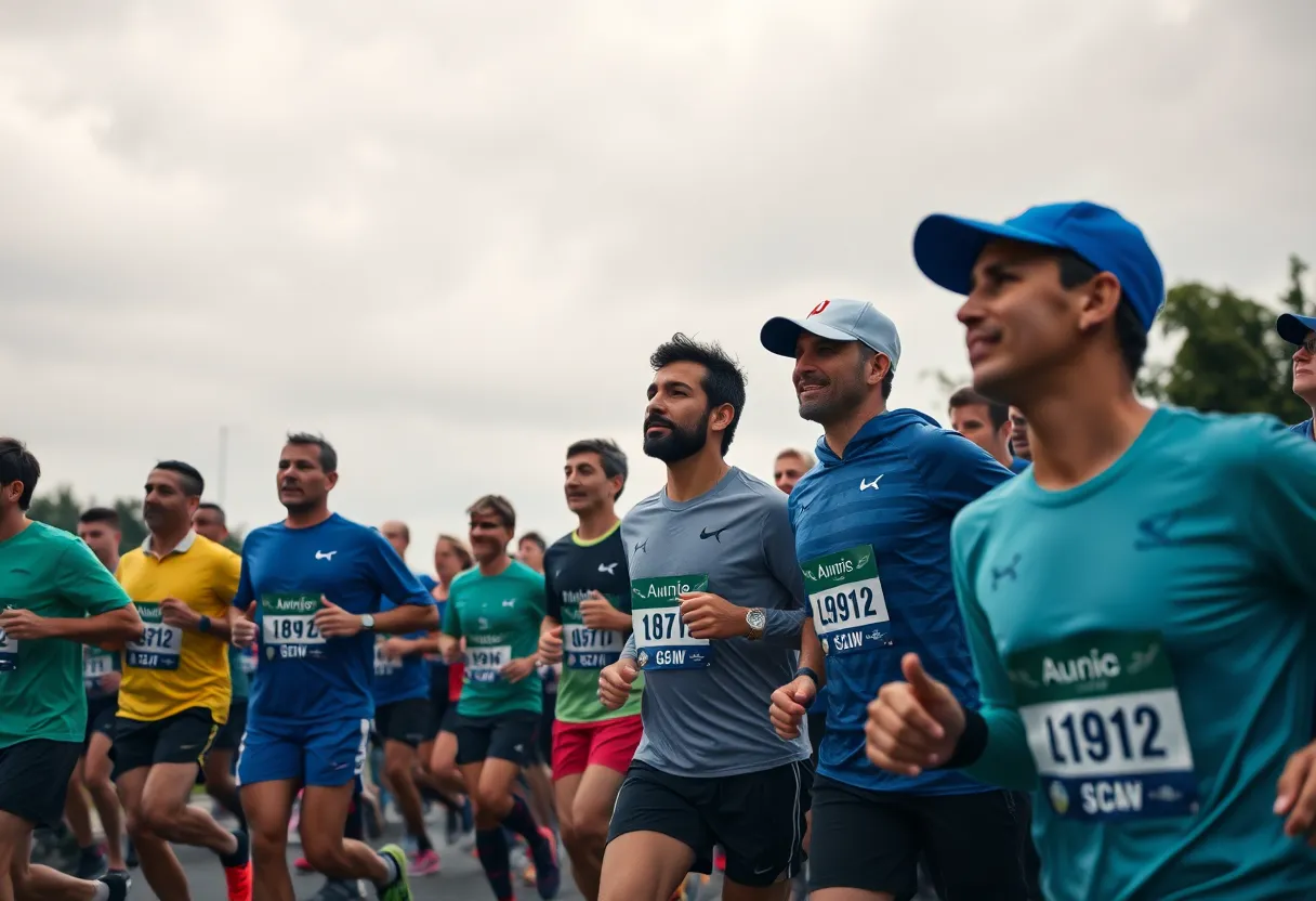 Runners at the BMW Dallas Marathon preparing for the event in cooler weather.