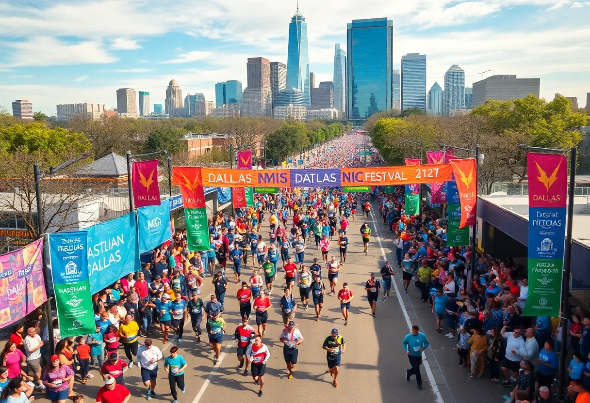 A vibrant scene from the Dallas Marathon Festival with runners and spectators