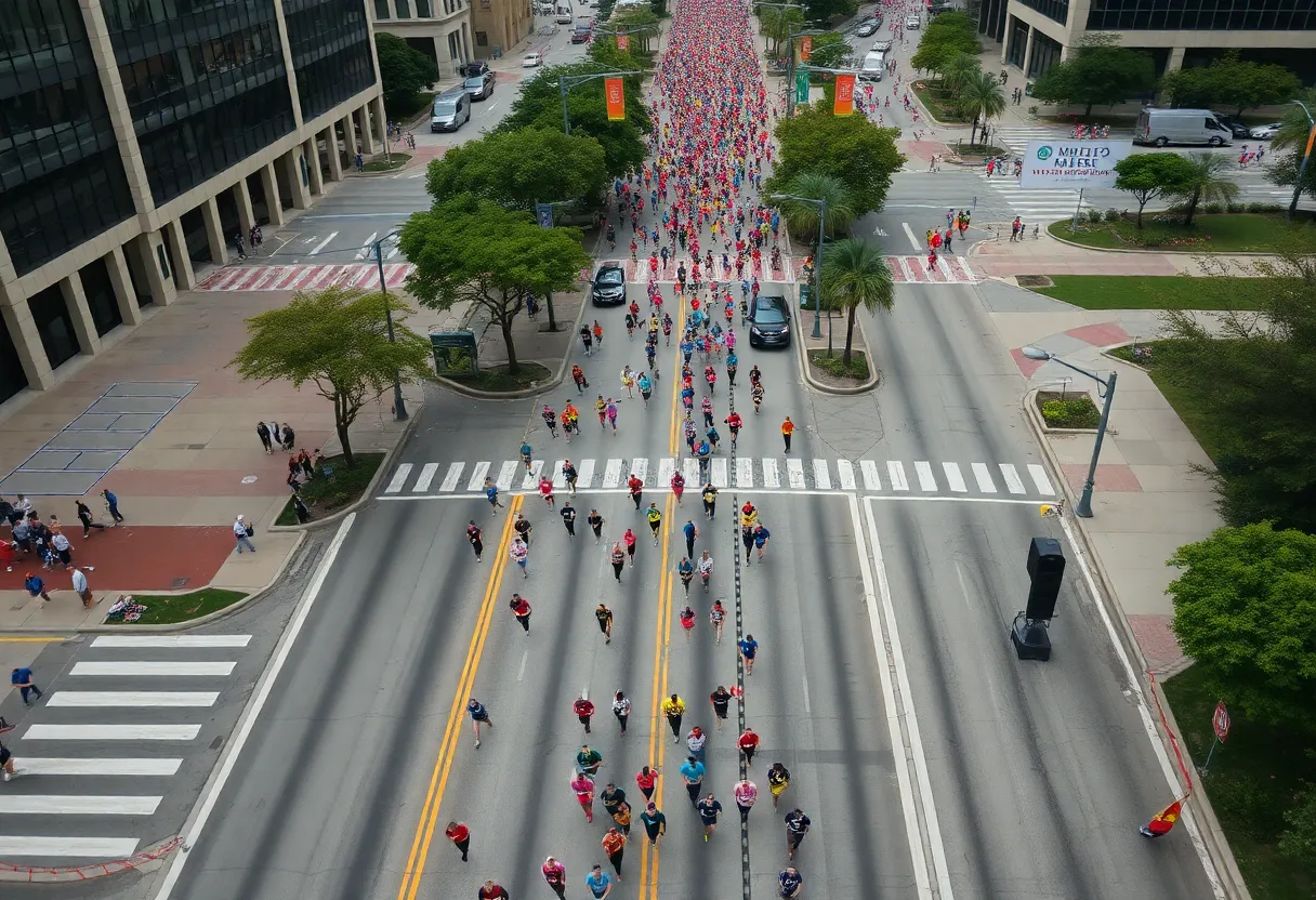 Aerial view of Dallas streets during the marathon with visible road closures.