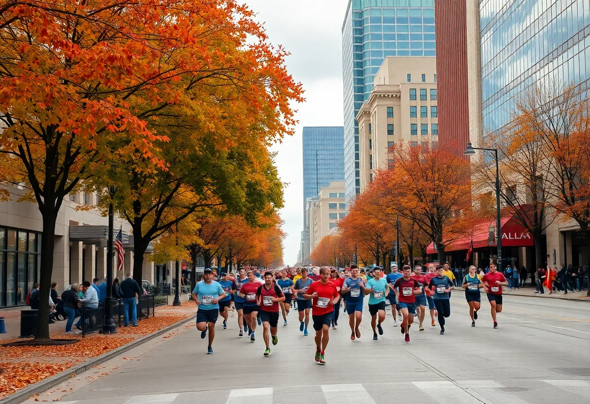 Runners participating in the BMW Dallas Marathon with Dallas skyline in the background