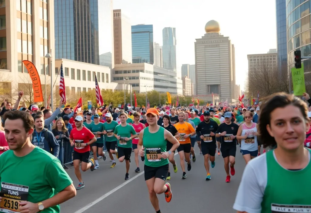 Participants running in the Dallas Marathon with cheering spectators