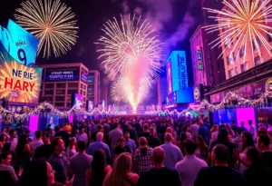 Fireworks lighting up the Dallas skyline during New Year's Eve celebration.