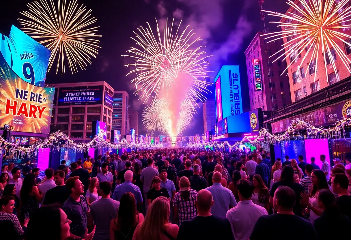 Fireworks lighting up the Dallas skyline during New Year's Eve celebration.