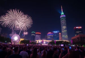 Fireworks display over Reunion Tower during New Year's Eve in Dallas.