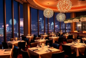 New Year's Eve dining in Dallas with festive decorations and city skyline view