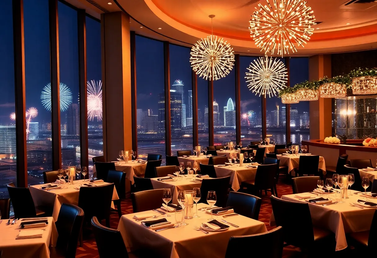 New Year's Eve dining in Dallas with festive decorations and city skyline view