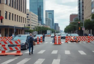 Dallas street scene with pedestrians and construction obstacles