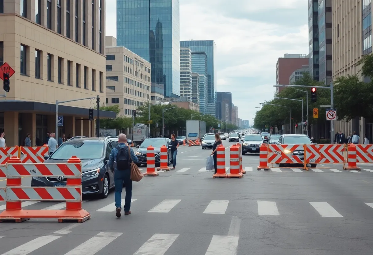 Dallas street scene with pedestrians and construction obstacles