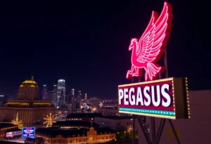 The iconic Pegasus sign lighting up the Dallas skyline at night.