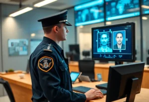 Police officer analyzing facial recognition data on a computer.