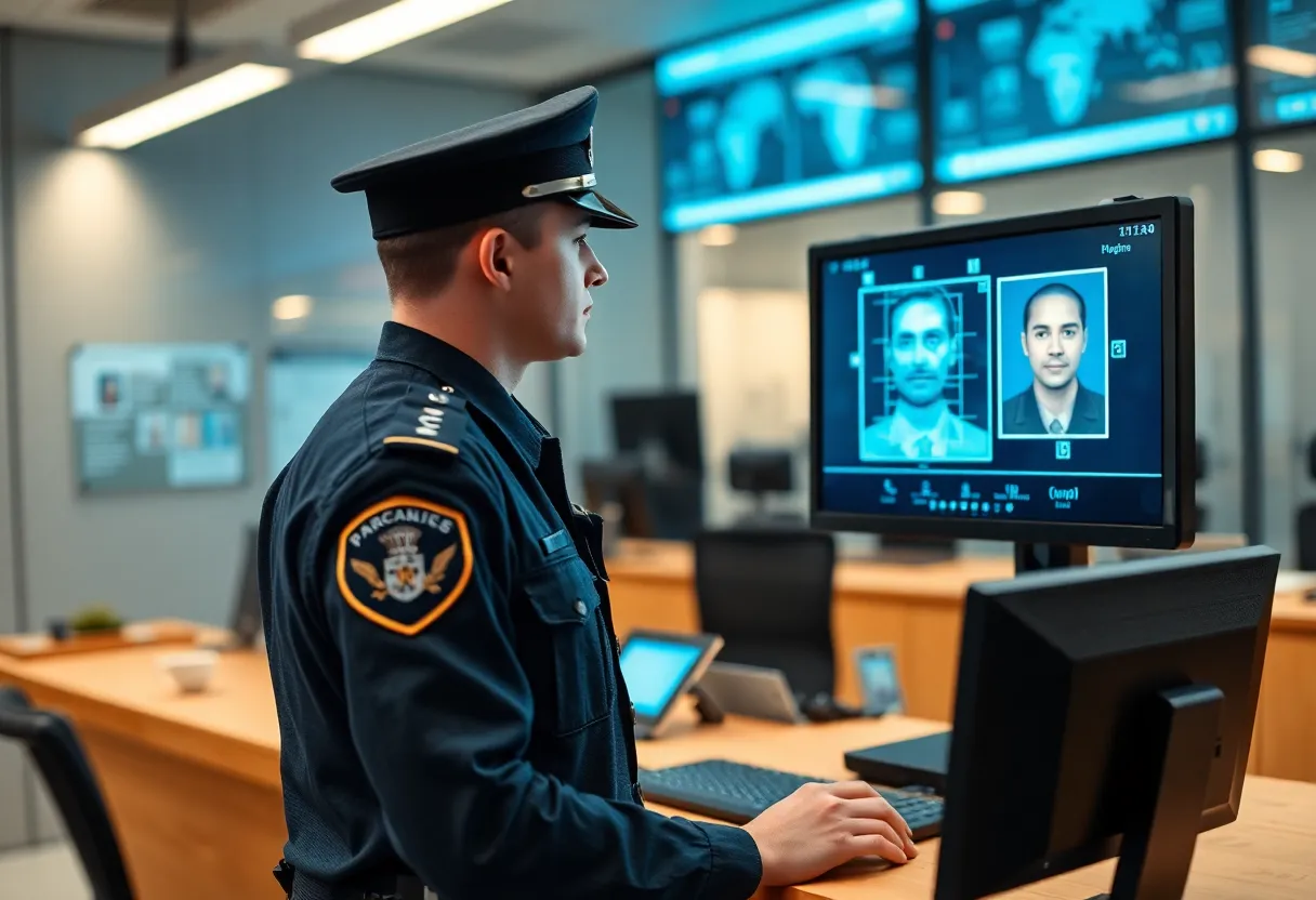 Police officer analyzing facial recognition data on a computer.