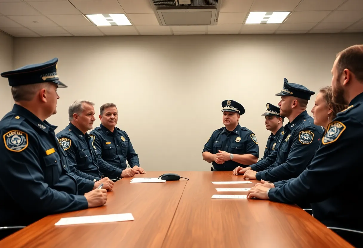 Police officers in discussion at a leadership meeting