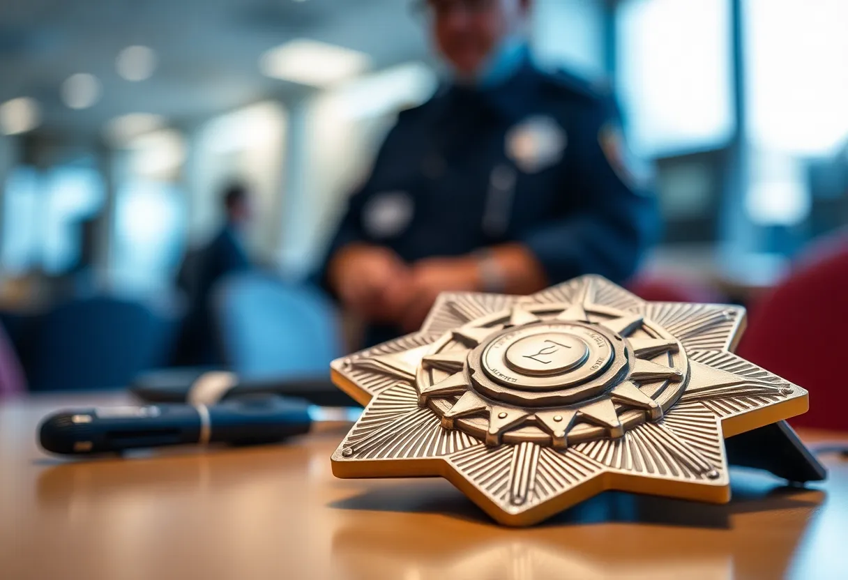 Close-up of Dallas Police badge on a desk