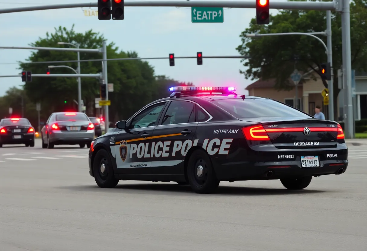 Dallas police cruiser with flashing lights at an intersection