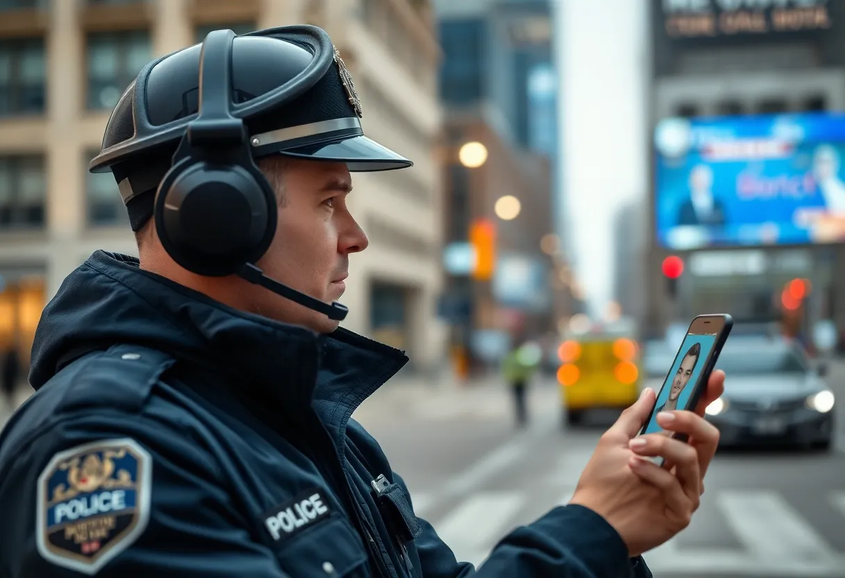 Dallas police officer utilizing facial recognition technology in urban area