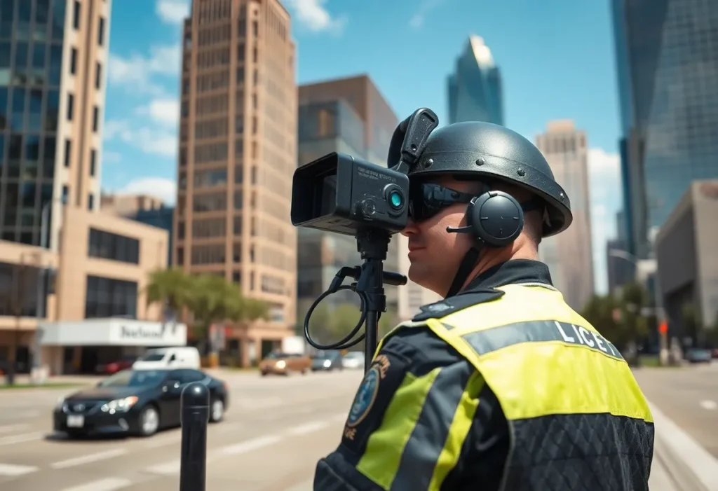 Dallas police officer assessing gunshot detection technology in urban setting