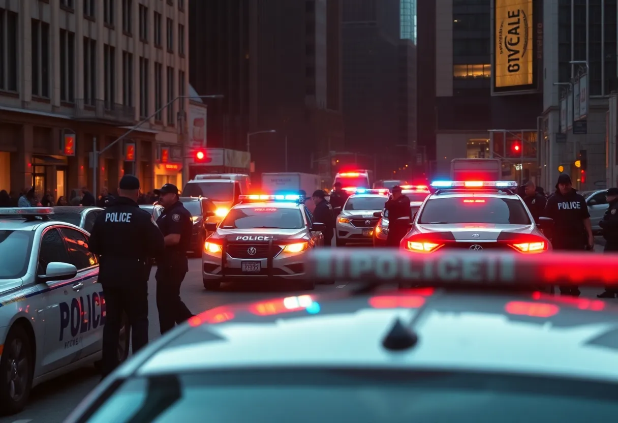 Police standoff in downtown Dallas with officers and police vehicles