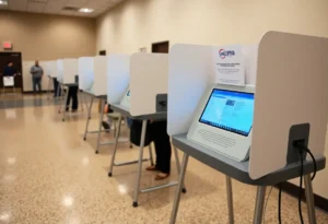 Electronic voting machines in a Dallas polling place.