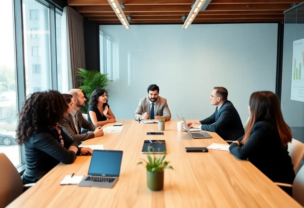 Business professionals collaborating in a meeting room