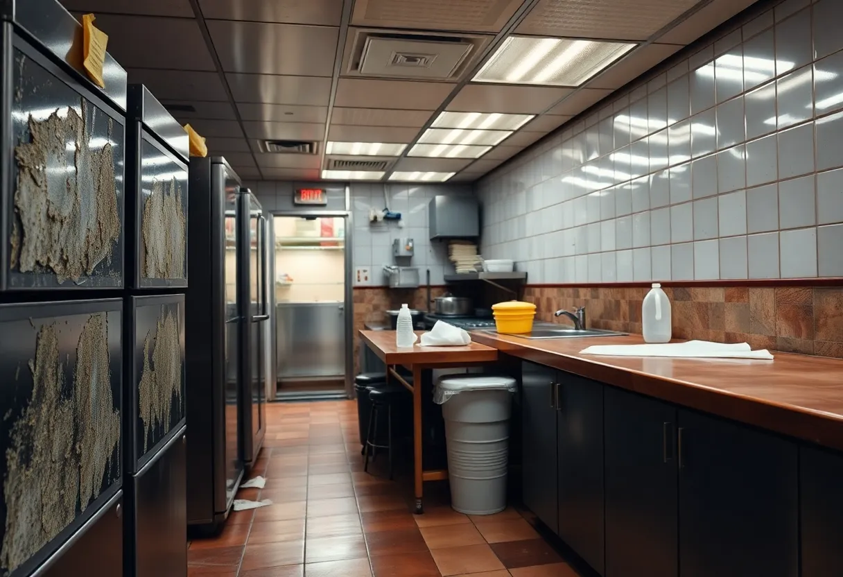 Unsanitary restaurant kitchen with visible mold and pest traps