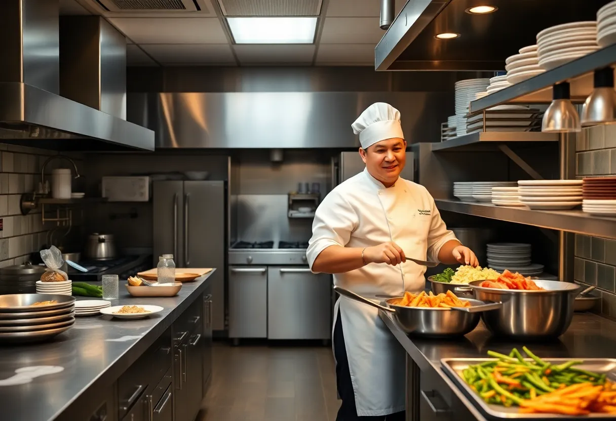 Busy restaurant kitchen in Dallas with chefs at work