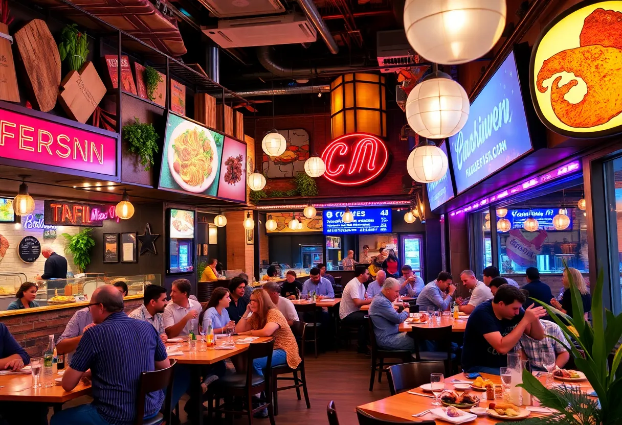 A lively restaurant scene in Dallas featuring a variety of cuisines.