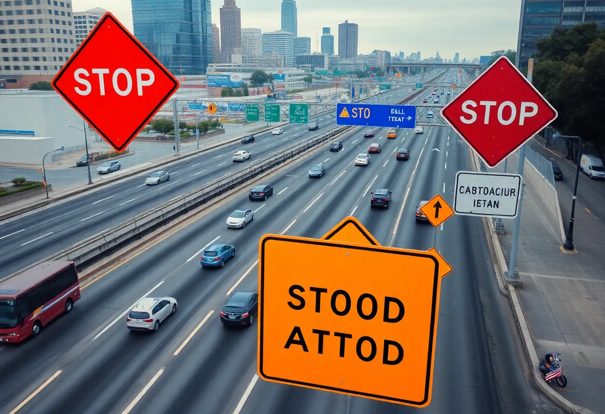 Aerial view of road construction and traffic in Dallas-Fort Worth area