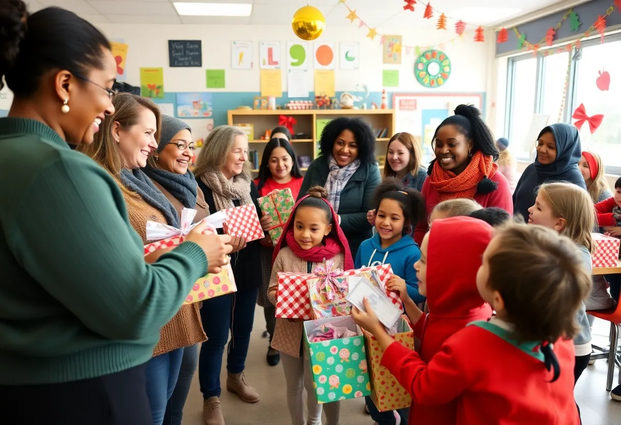Dallas Rotary Club members distributing holiday gifts to local students