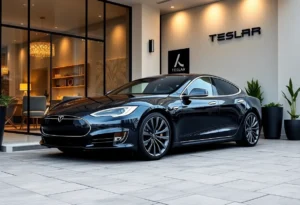 Salon exterior with Tesla Model S parked in front, symbolizing luxury and customer treatment based on appearances.
