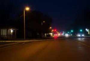 Scene of a quiet street in East Dallas at night after a shooting incident.