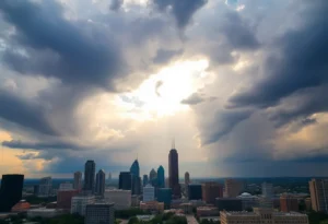 Dallas skyline against extreme weather backdrop showcasing both sunshine and storm clouds.
