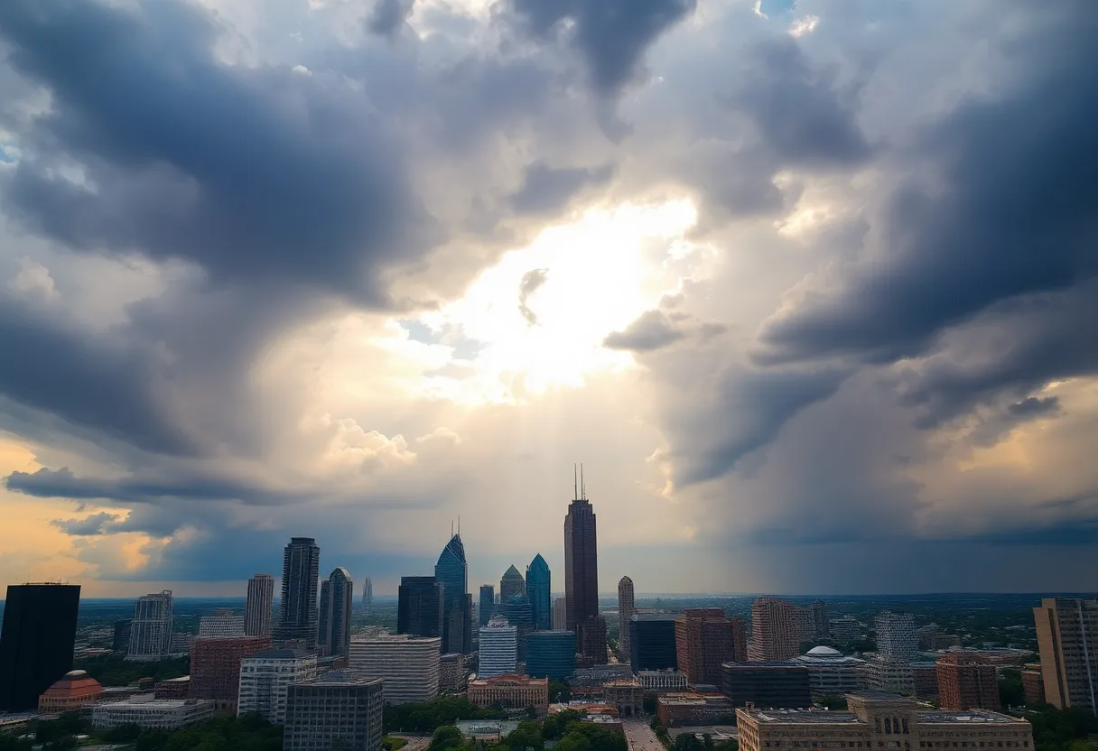 Dallas skyline against extreme weather backdrop showcasing both sunshine and storm clouds.