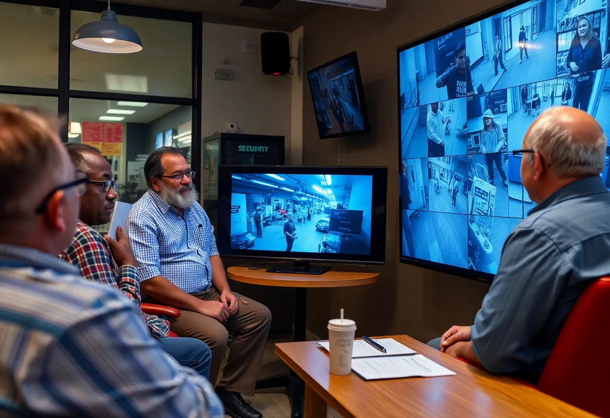 Small business owners viewing surveillance footage in Dallas
