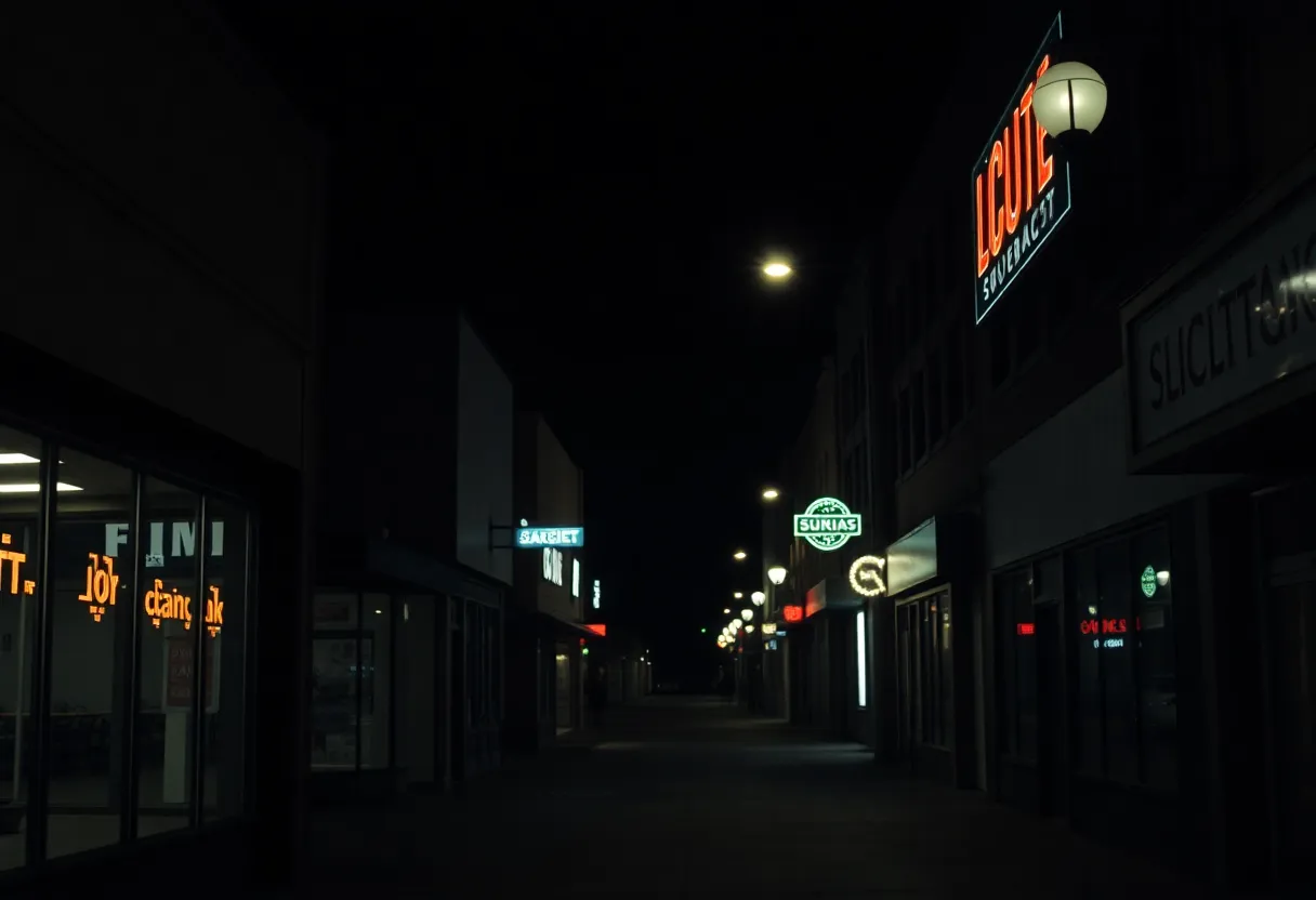 A row of small businesses in Dallas with surveillance cameras outside at night