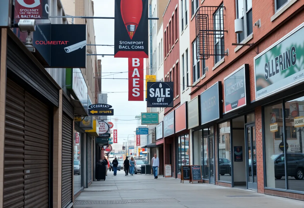 Street view of small businesses in Dallas with security measures