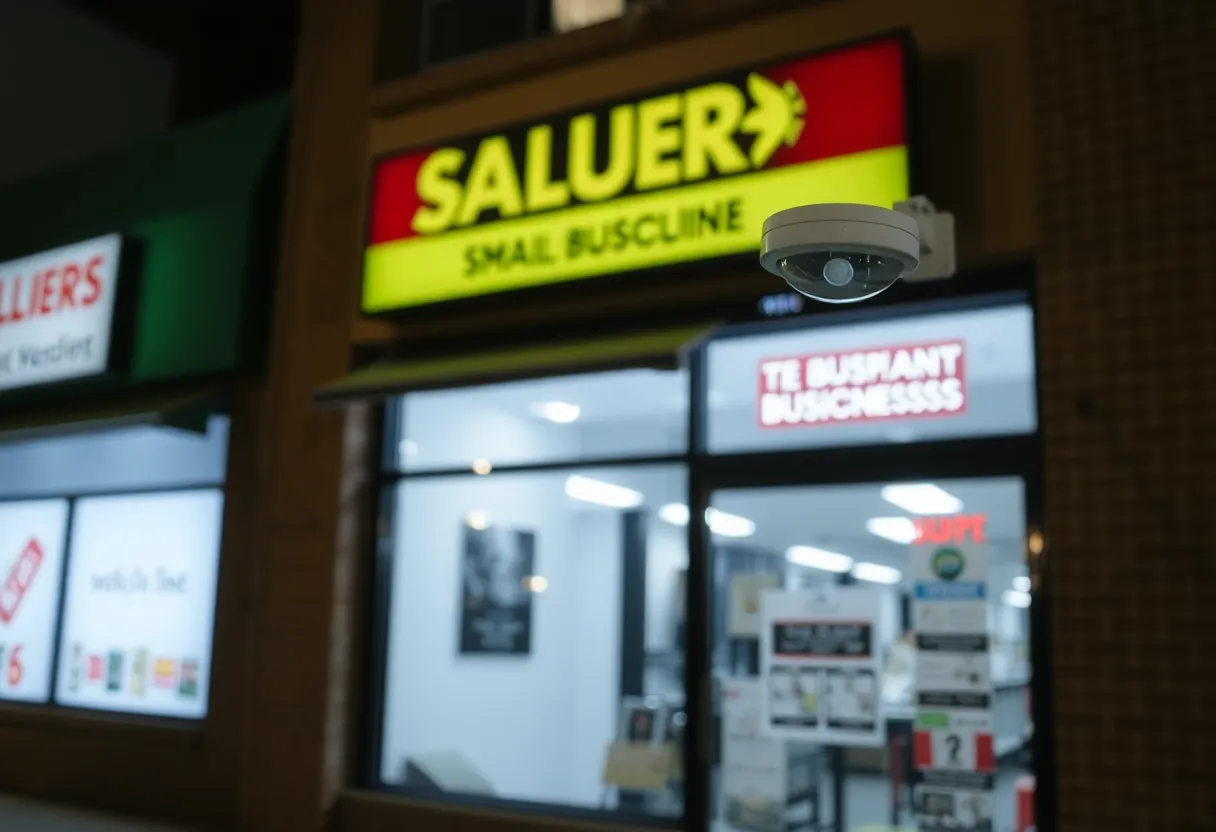 Security camera and alarm system visible at a small business in Dallas