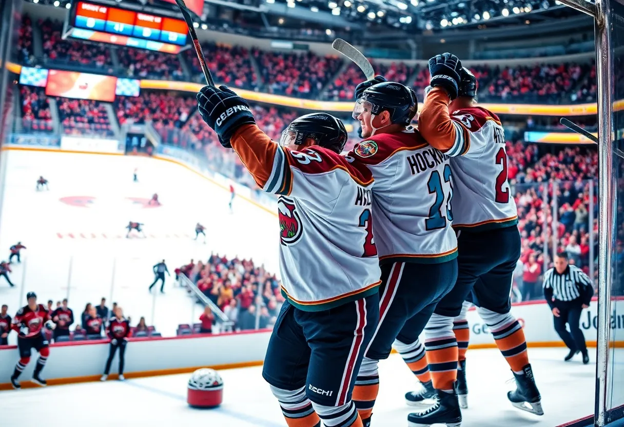 Dallas Stars players celebrating a victory on the ice
