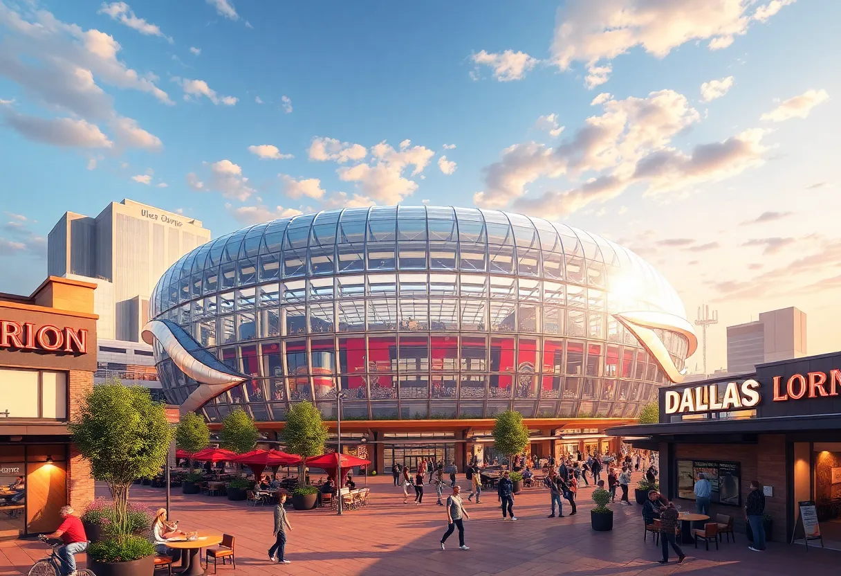 Conceptual illustration of the proposed Dallas Stars arena with mixed-use development.