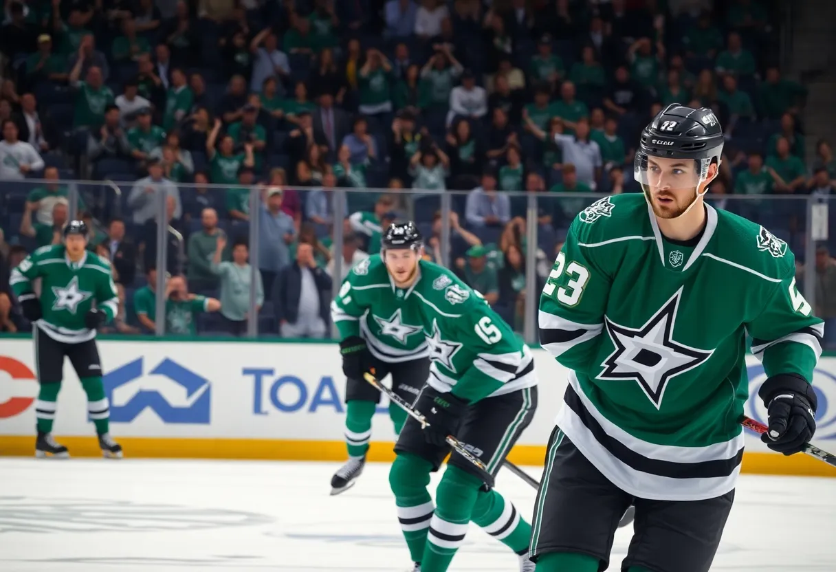 Dallas Stars players celebrating during a match against the Sharks.