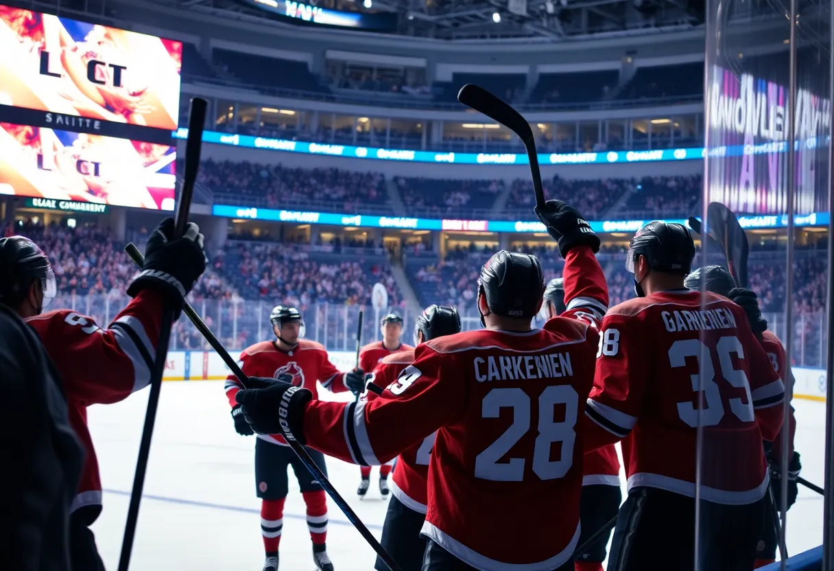 Dallas Stars players celebrating on the ice after a 6-1 victory.