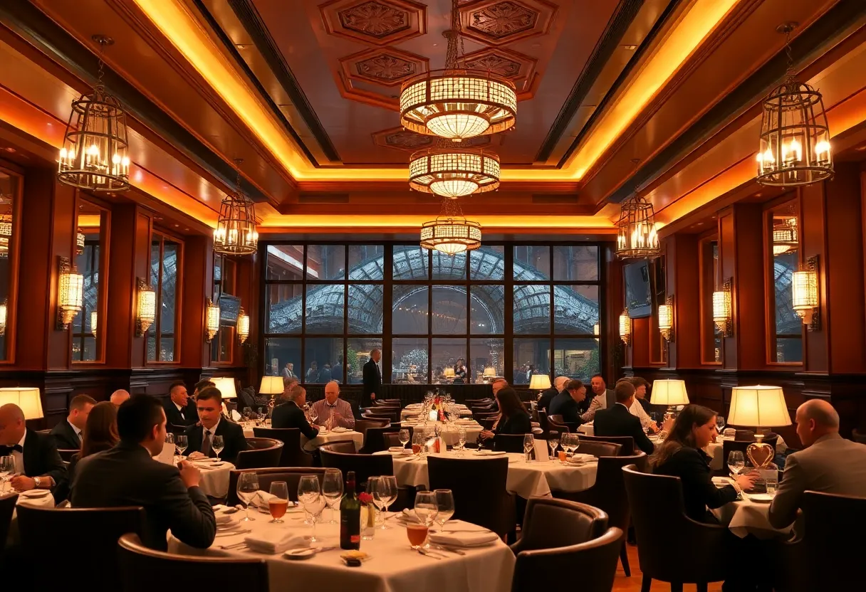 Interior of a luxurious Dallas steakhouse with diners enjoying meals